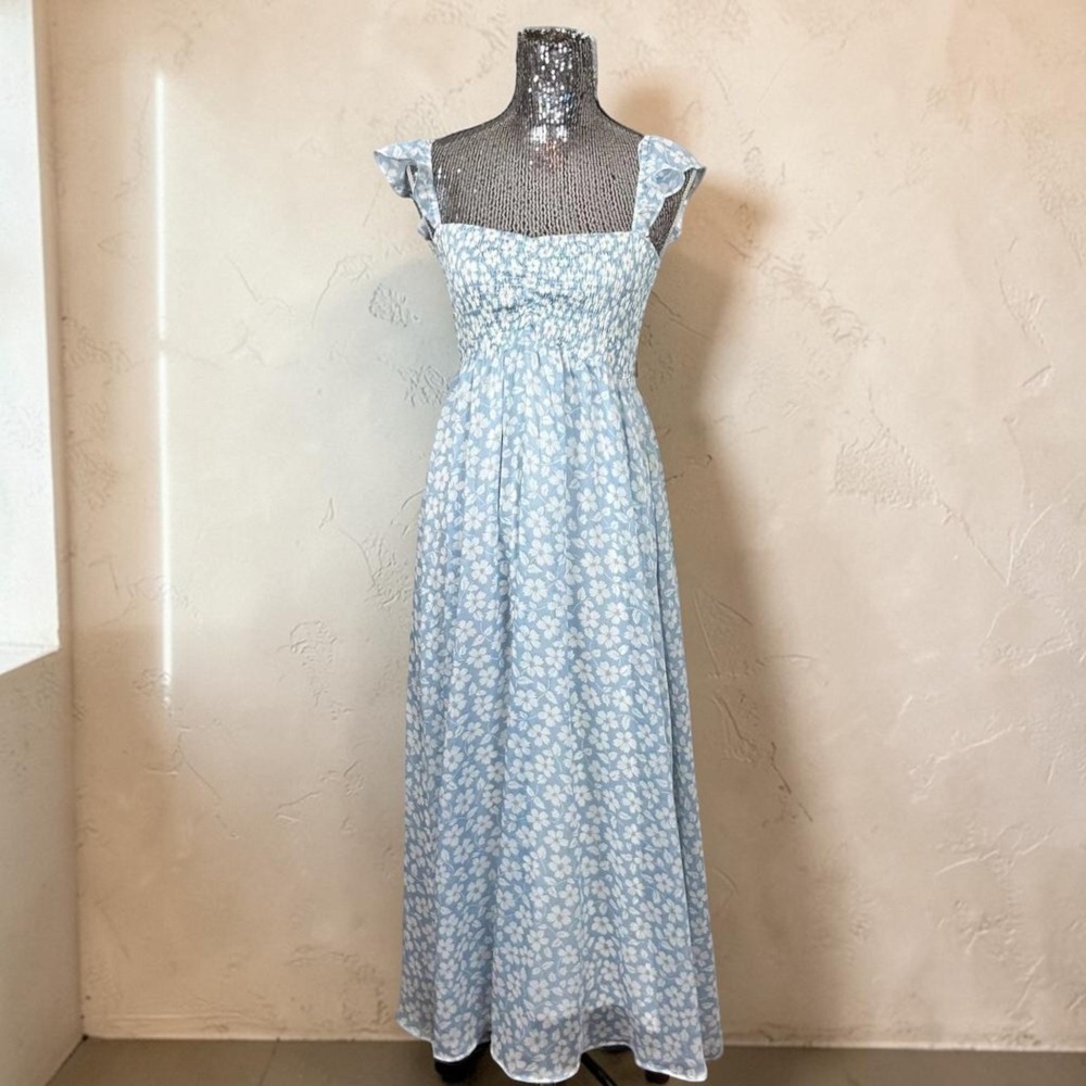 Cottagecore Smocked Chiffon‎ Floral Maxi Dress Blue Flutter Sleeve Party Medium